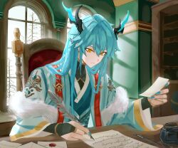 Rule 34 | 1boy, :|, absurdres, aqua hair, aqua jacket, aqua nails, bare tree, black bridal gauntlets, black shirt, blue robe, bookshelf, bridal gauntlets, chair, chinese clothes, closed mouth, day, denif (elsword), dragon boy, dragon horns, elsword, expressionless, feather boa, hair between eyes, hair down, hanfu, highres, holding, holding paper, holding quill, horns, indoors, ink bottle, jacket, korean commentary, letter, long hair, long sleeves, looking at object, looking down, male focus, nail polish, paper, pointy ears, quill, robe, scale print, shirt, sitting, solo, sunlight, table, tree, turtleneck, upper body, wax seal, window, window shadow, writing, yaho (bungadance), yellow eyes