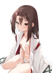 Rule 34 | 1girl, alternate hairstyle, breasts, brown eyes, brown hair, hair down, highres, kantai collection, long hair, looking at viewer, panties, robe, simple background, sitting, small breasts, solo, underwear, wariza, white background, white panties, white robe, zarashi, zuihou (kancolle)