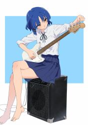 Rule 34 | 1girl, amplifier, barefoot, bass guitar, black ribbon, blue background, blue hair, blue skirt, bocchi the rock!, border, closed mouth, collared shirt, commentary, crossed legs, dress, fender precision bass, guitar, highres, holding, holding guitar, holding instrument, instrument, long sleeves, mole, mole under eye, neck ribbon, outside border, pleated skirt, ribbon, school uniform, shimokitazawa high school uniform, shinaq, shirt, short hair, simple background, sitting, skirt, sleeves rolled up, solo, tuning instrument, white border, white shirt, yamada ryo, yellow eyes