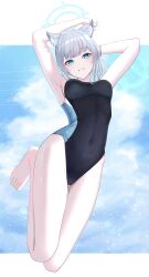 Rule 34 | 1girl, absurdres, animal ear fluff, animal ears, armpits, arms behind head, barefoot, black one-piece swimsuit, blue archive, blue eyes, blue sky, breasts, cloud, competition swimsuit, covered navel, cross hair ornament, extra ears, grey hair, hair ornament, halo, highres, jumping, low ponytail, medium breasts, medium hair, mi7t0, mismatched pupils, multicolored clothes, multicolored swimsuit, official alternate costume, one-piece swimsuit, parted lips, shiroko (blue archive), shiroko (swimsuit) (blue archive), sky, smile, solo, swimsuit, wolf ears