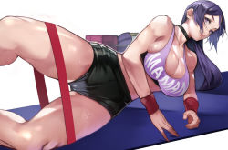 Rule 34 | 1girl, bare shoulders, bike shorts, breasts, choker, cleavage, elbow rest, exercising, fate/grand order, fate (series), highres, long hair, looking at viewer, midriff, minamoto no raikou (fate), purple eyes, purple hair, smile, solo, sports bra, spread legs, sweat, wristband, yoga mat, yoshio (55level)