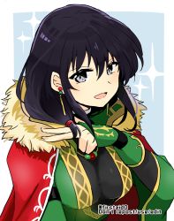 Rule 34 | 1girl, :d, black hair, breasts, cape, dress, earrings, fire emblem, fire emblem: thracia 776, fire emblem heroes, green dress, hair between eyes, jewelry, looking at viewer, mareeta (fire emblem), nintendo, official alternate costume, open mouth, red cape, smile, solo, twitter username, upper body, v, yukia (firstaid0)