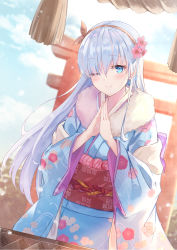 Rule 34 | 1girl, anastasia (fate), blue eyes, blue kimono, blush, closed mouth, commentary request, fate/grand order, fate (series), flower, hair flower, hair ornament, hair over one eye, hairband, hatsumoude, highres, japanese clothes, kimono, kyaroru, long hair, looking at viewer, new year, obi, own hands together, sash, smile, solo, very long hair, wide sleeves