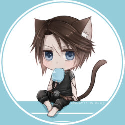 Rule 34 | 1boy, alternate costume, animal ears, barefoot, belt buckle, black pants, black shirt, blue background, blue eyes, brown hair, buckle, cat boy, cat ears, cat tail, chibi, commentary, dated, eating, final fantasy, final fantasy viii, food, food in mouth, hiryuu (kana h), holding, holding food, holding popsicle, leather belt, lowres, male focus, pants, pants rolled up, popsicle, scar, scar on face, shirt, short hair, signature, simple background, sitting, solo, squall leonhart, t-shirt, tail, white background