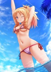 Rule 34 | 10s, 1girl, arm behind head, arm up, armpits, arms up, bikini, blonde hair, blue skirt, blue sky, blurry, blush, bow, breasts, brown eyes, closed mouth, cloud, commentary, contrail, cowboy shot, day, depth of field, drill hair, dutch angle, eromanga sensei, front-tie top, groin, hair bow, highres, kazenokaze, legs apart, long hair, looking back, medium breasts, navel, one eye closed, outdoors, palm tree, partially submerged, partially underwater shot, pointy ears, ponytail, red bow, side-tie bikini bottom, skirt, sky, solo, standing, stomach, stretching, striped bikini, striped clothes, swimsuit, tree, twin drills, underwater, wading, water, wavy mouth, wet, yamada elf