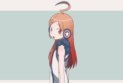 Rule 34 | 1girl, ahoge, blue background, blush, dress, female focus, grey background, headset, long hair, looking at viewer, matching hair/eyes, open mouth, red eyes, red hair, sf-a2 miki, simple background, sleeveless, solo, standing, torla, upper body, vocaloid