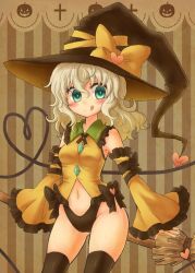 Rule 34 | 1girl, :q, adapted costume, alternate headwear, aqua eyes, bare shoulders, black thighhighs, blonde hair, blush, broom, detached sleeves, female focus, hat, hat ribbon, heart, highres, komeiji koishi, long hair, looking at viewer, miruki, navel, ribbon, silver hair, smile, solo, striped, striped background, thighhighs, tongue, tongue out, touhou, vertical stripes, witch hat