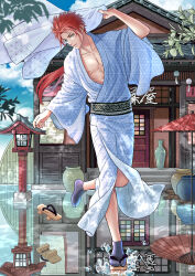 Rule 34 | 1boy, absurdres, alternate costume, amaoto 888, architecture, blue kimono, collarbone, earrings, east asian architecture, facial mark, final fantasy, final fantasy vii, final fantasy vii remake, full body, geta, green eyes, highres, holding, holding clothes, holding jacket, jacket, japanese clothes, jewelry, kimono, lantern, long sleeves, low ponytail, male focus, oil-paper umbrella, open clothes, open kimono, outdoors, parted bangs, pectorals, red hair, reflection, reflective water, reno (ff7), sandals, shoes, short hair with long locks, single shoe, solo, splashing, umbrella, vase, water drop, wide sleeves
