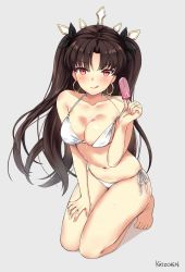 Rule 34 | 1girl, :q, artist name, bikini, black ribbon, blush, breasts, brown hair, earrings, fate/grand order, fate (series), food, grey background, hair ribbon, hand on own thigh, hoop earrings, ishtar (fate), jewelry, kaetzchen, kneeling, long hair, looking at viewer, medium breasts, navel, pink eyes, popsicle, ribbon, side-tie bikini bottom, simple background, skindentation, solo, swimsuit, tohsaka rin, tongue, tongue out, twintails, white bikini
