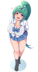 Rule 34 | 1girl, :d, black footwear, blush, bow, bowtie, bra visible through clothes, breasts, cleavage, collared shirt, female focus, green eyes, green hair, hanging breasts, heart, highres, huge breasts, leaning forward, legs, long hair, looking at viewer, matching hair/eyes, miniskirt, nintendo, open mouth, pneuma (xenoblade), ponponmaru, ponytail, school uniform, shirt, skirt, smile, solo, spoilers, standing, tiara, white shirt, xenoblade chronicles (series), xenoblade chronicles 2