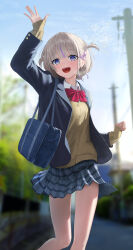 Rule 34 | 1girl, bag, blonde hair, blue bag, blue hair, blue jacket, blue skirt, breasts, hair ornament, hairpin, handbag, highres, hololive, hololive dev is, jacket, looking at viewer, miniskirt, multicolored hair, open mouth, purple eyes, school uniform, skirt, small breasts, smile, solo, streaked hair, todoroki hajime, torjun 111, two side up, vest, virtual youtuber, waving, yellow vest