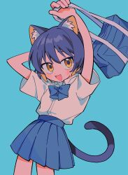Rule 34 | :d, animal ear fluff, animal ears, arm behind head, arms up, bag, blue background, blue bag, blue bow, blue hair, blue skirt, blush, bow, cat ears, cat girl, cat tail, colored skin, cowboy shot, dark blue hair, fang, highres, holding, holding bag, leaning back, looking at viewer, open mouth, original, pink skin, pleated skirt, school uniform, shirt, shirt tucked in, skirt, smile, tail, tsurime, umipi, white shirt, yellow eyes