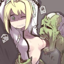 Rule 34 | 1girl, blonde hair, blood, breasts, chain, fate/extra, fate/extra ccc, fate (series), green eyes, nero claudius (bride) (fate), nero claudius (fate), nipples, nns (sobchan), saliva, sweat, tears, zombie