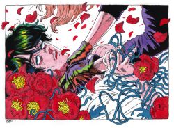 Rule 34 | 1boy, 1other, black hair, camellia, facial hair, facial scar, flower, from side, gloves, green eyes, kaneoya sachiko, looking at viewer, lying, on back, open mouth, original, out of frame, petals, pink hair, scar, scar on cheek, scar on face, solo focus, stitches, strangling, stubble, yoiko yokochou