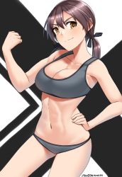 Rule 34 | 1girl, abs, blush, bra, breasts, brown eyes, brown hair, cleavage, clenched hand, flexing, gertrud barkhorn, grey bra, grey panties, hair between eyes, hand on own hip, highres, hiroshi (hunter-of-kct), looking at viewer, medium breasts, navel, panties, short twintails, smile, solo, sports bra, strike witches, striped, striped background, twintails, twitter username, underwear, underwear only, v-shaped eyebrows, white background, world witches series