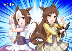 Rule 34 | 2girls, animal ears, black gloves, bow, brown eyes, brown hair, buena vista (umamusume), commentary request, commission, cowboy shot, cropped jacket, frilled skirt, frills, futari wa precure, gloves, gradient eyes, hair between eyes, highres, horse ears, horse girl, horse tail, imitating, jacket, long hair, mpon, multicolored clothes, multicolored eyes, multicolored hair, multicolored jacket, multiple girls, neckerchief, plaid, plaid skirt, precure, puffy short sleeves, puffy sleeves, purple bow, purple eyes, purple jacket, red bow, red neckerchief, shirt, short hair, short sleeves, single glove, skeb commission, skirt, special week (umamusume), star ornament, striped, striped bow, tail, two-tone bow, two-tone hair, two-tone jacket, umamusume, v-shaped eyebrows, white hair, white jacket, white shirt, wrist cuffs, yellow bow, yellow eyes, yellow jacket