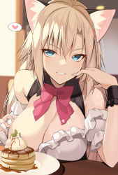 Rule 34 | 1girl, animal ears, blonde catgirl (ohta yuichi), blonde hair, blue eyes, breasts, breasts out, cat ears, dessert, food, highres, large breasts, long hair, looking at viewer, maid, ohta yuichi, original, pancake, ribbon, smile, solo
