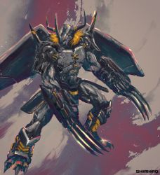 Rule 34 | 1boy, armor, blackwargreymon, claws, digimon, digimon (creature), fighting stance, full armor, full body, highres, horns, legs apart, muscular, shimhaq, solo, standing, wings, yellow theme