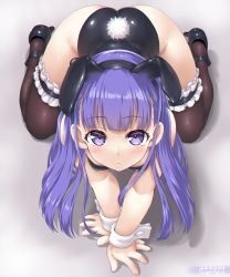 Rule 34 | 1girl, all fours, animal ears, ass, black leotard, blush, character request, copyright request, dd (ijigendd), fake animal ears, fake tail, high heels, highres, leotard, long hair, looking at viewer, playboy bunny, purple eyes, purple hair, rabbit ears, rabbit tail, solo, strapless, strapless leotard, tail, thighhighs, wrist cuffs