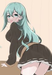 Rule 34 | 1girl, absurdres, blazer, brown jacket, brown skirt, commentary, cowboy shot, from behind, green eyes, green hair, hair ornament, hairclip, highres, honma (honmatomohiro), jacket, kantai collection, leaning forward, long hair, looking back, pleated skirt, skirt, solo, suzuya (kancolle), suzuya kai ni (kancolle), thighhighs, tongue, tongue out