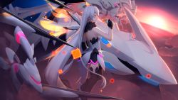 Rule 34 | 1girl, armor, armored dress, bare shoulders, benares (honkai impact), breasts, cube, dark persona, dragon, dress, elbow gloves, energy wings, expressionless, floating, floating object, floating weapon, fur-trimmed dress, fur trim, gloves, hair between eyes, hair ornament, hand up, highres, honkai (series), honkai impact 3rd, jewelry, kiana kaslana, kiana kaslana (herrscher of the void), large breasts, light particles, long hair, parted lips, polearm, purple sky, sidelocks, silver hair, single elbow glove, sky, spear, sunset, thighhighs, very long hair, weapon, yellow eyes, yuuta (806350354)