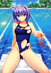 Rule 34 | 1girl, absurdres, ahoge, alpha (yukai na nakamatachi), arm support, bare shoulders, blue eyes, censored, chain-link fence, competition swimsuit, convenient censoring, crotch, fence, foreshortening, grin, highres, lane line, looking at viewer, makishima amane, naughty face, navel, okiba ga nai!, one-piece swimsuit, partially visible vulva, perspective, pool, poolside, purple hair, scan, scissors, shiny skin, short hair, sitting, skindentation, smile, solo, spread legs, starting block, swimsuit, taut clothes, torn clothes, torn swimsuit, vanishing point, wet