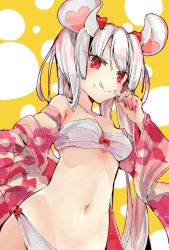 Rule 34 | 1girl, :p, animal ears, bare shoulders, bow, bow bra, bow panties, bra, breasts, closed mouth, collarbone, commentary request, floral print, food, food on face, hair bow, hand up, highres, japanese clothes, kimono, long sleeves, mouse ears, navel, open clothes, open kimono, orange background, original, panties, print kimono, red bow, red eyes, small breasts, smile, solo, tomozero, tongue, tongue out, two-tone background, underwear, white background, white bra, white panties, wide sleeves