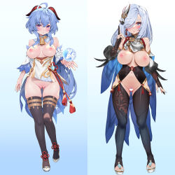 Rule 34 | 2girls, :o, absurdres, ahoge, ankle rope, bell, black thighhighs, blonde hair, blue background, blue eyes, blue nails, blue pubic hair, blush, breasts, breasts apart, censored, cleft of venus, closed mouth, cowbell, detached collar, detached sleeves, eyes visible through hair, female pubic hair, fingernails, flower knot, full body, ganyu (genshin impact), genshin impact, gluteal fold, goat horns, gradient background, hair between eyes, hair over one eye, heart, heart censor, highres, horns, inverted nipples, large breasts, long hair, looking at viewer, multiple girls, nail polish, navel, nipples, orb, outstretched arm, pubic hair, pussy, pussy juice, shenhe (genshin impact), simple background, skindentation, smile, standing, thighhighs, toenail polish, toenails, toes, vision (genshin impact), waterring, white footwear, white sleeves