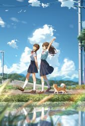 Rule 34 | 2girls, absurdres, arms behind back, bird wings, blue skirt, blue sky, blurry, blurry foreground, brown footwear, brown hair, cattail, closed eyes, closed mouth, cloud, cloudy sky, day, dirt road, dog, dotz, grass, hand up, highres, hill, kneehighs, loafers, long hair, long skirt, medium hair, multiple girls, nature, neckerchief, original, own hands clasped, own hands together, plant, pond, power lines, red neckerchief, reflection, road, school uniform, shadow, shirt, shoes, short sleeves, skirt, sky, smile, socks, stretching, tree, utility pole, walking, white shirt, white socks, wind, wings