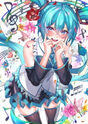 Rule 34 | 1girl, aqua eyes, aqua hair, aqua nails, aqua necktie, bare shoulders, black shirt, black sleeves, black thighhighs, blush, bug, butterfly, collared shirt, commentary request, cowboy shot, detached sleeves, flower, frilled shirt, frills, hair between eyes, hair ornament, hatsune miku, heart, highres, insect, inue ao, long hair, looking at viewer, miku day, musical note, necktie, open mouth, pleated skirt, shirt, skindentation, skirt, sleeveless, sleeveless shirt, smile, solo, teeth, thighhighs, twintails, upper teeth only, very long hair, vocaloid, white shirt, wide sleeves, zettai ryouiki