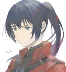 Rule 34 | 1boy, absurdres, black hair, blue eyes, fujie xy, hair tie, highres, jacket, long hair, male focus, noah (xenoblade), ponytail, red jacket, shirt, simple background, solo, xenoblade chronicles (series), xenoblade chronicles 3
