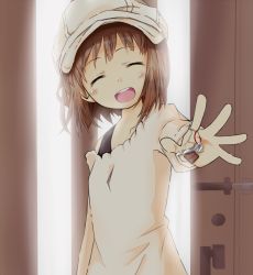 Rule 34 | 1girl, brown hair, closed eyes, door, hat, highres, key, keyring, off shoulder, open mouth, outstretched arm, sachou, short hair, smile, solo, takanashi nazuna, white hat, working!!