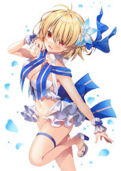Rule 34 | 1girl, archetype earth, arcueid brunestud, bare shoulders, bikini, blonde hair, blush, breasts, cleavage, fate/grand order, fate (series), flower, hair flower, hair ornament, highres, ko yu, large breasts, looking at viewer, navel, open mouth, red eyes, sandals, short hair, solo, swimsuit, thighs, tsukihime, white background, white bikini