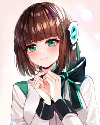 Rule 34 | 1girl, baocaizi, black bow, blush, bow, brown hair, closed mouth, commentary request, green eyes, green hair, green nails, hair ornament, hands up, highres, izu (kamen rider 01), jacket, kamen rider, kamen rider 01 (series), long sleeves, multicolored hair, nail polish, own hands together, smile, solo, streaked hair, upper body, white jacket