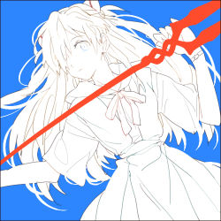 Rule 34 | 0930erina, 1girl, bident, blue background, blue eyes, hair ornament, hair over one eye, hairclip, holding, holding polearm, holding spear, holding weapon, lance of longinus (evangelion), long hair, looking at viewer, lowres, neck ribbon, neon genesis evangelion, polearm, ribbon, shirt, short sleeves, skirt, solo, spear, watch, weapon, wristwatch