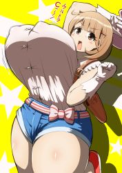 Rule 34 | &gt;:o, 10s, 1girl, :o, bouncing breasts, breasts, brown eyes, brown hair, covered erect nipples, gloves, huge breasts, looking at viewer, matching hair/eyes, narusawa ryouka, occultic;nine, open mouth, pororokka (macareo), shirt tucked in, short hair, short shorts, shorts, solo, star (symbol), text focus, thick thighs, thighs, translation request, v-shaped eyebrows, white gloves, yellow background