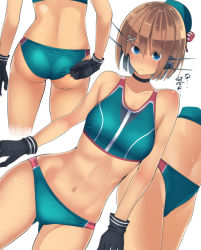 Rule 34 | 10s, 1girl, adapted costume, adjusting clothes, adjusting swimsuit, aqua bikini, aqua eyes, ass, bare shoulders, bikini, black gloves, blue eyes, breasts, brown hair, cafe au lait (kafeore), dutch angle, gloves, hair between eyes, hair ornament, hat, kantai collection, looking at viewer, maya (kancolle), medium breasts, midriff, mini hat, multiple views, navel, open mouth, remodel (kantai collection), short hair, sketch, sports bikini, stomach, swimsuit, thighs, white background, x hair ornament