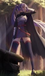 Rule 34 | 1girl, absurdres, arm behind head, arm up, belt, black cloak, cloak, commentary request, full body, grass, hair ornament, highres, holding, holding weapon, long hair, long sleeves, mito (sao), on grass, purple hair, q10u, red eyes, standing, sword art online, weapon