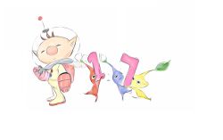 Rule 34 | 1boy, alien, anniversary, backpack, bag, big nose, blue pikmin, brown hair, bud, buttons, closed eyes, commentary, cutie-png, english commentary, flower, gloves, helmet, highres, holding, holding whistle, leaf, looking at viewer, motion lines, olimar, pikmin (creature), pikmin (series), pointy ears, radio antenna, red bag, red gloves, red light, red pikmin, short hair, space helmet, spacesuit, very short hair, whistle, white flower, yellow pikmin