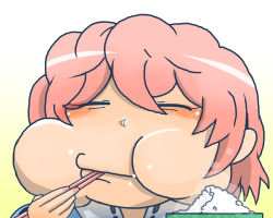 Rule 34 | 1girl, bad id, bad pixiv id, blush, bowl, chopsticks, commentary request, eating, closed eyes, food, food on face, happy, okahi, pink hair, puffy cheeks, rice, rice bowl, rice on face, saigyouji yuyuko, simple background, solo, steam, touhou