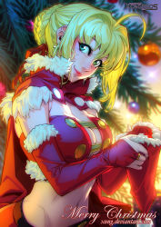 Rule 34 | 1girl, ahoge, artist name, blonde hair, breasts, bridal gauntlets, capelet, christmas ornaments, christmas tree, cleavage, cleavage cutout, clothing cutout, comic, earrings, fate (series), fur trim, green eyes, hat, highres, jewelry, looking to the side, merry christmas, midriff, navel, nero claudius (fate), nero claudius (fate) (all), nero claudius (fate/extra), santa hat, smile, solo, strapless, tube top, xong