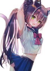 Rule 34 | 1girl, animal ear fluff, animal ears, arms behind head, arms up, blouse, blue skirt, bow, bowtie, breasts, cat ears, cat girl, cat tail, cowboy shot, crop top, crop top overhang, fang, from side, green eyes, hair between eyes, hanato (seonoaiko), highres, karyl (princess connect!), long hair, looking at viewer, midriff, miniskirt, multicolored hair, open mouth, pleated skirt, ponytail, princess connect!, purple hair, sailor collar, school uniform, see-through, serafuku, shirt, short sleeves, simple background, skin fang, skirt, small breasts, solo, streaked hair, tail, very long hair, white background, white shirt