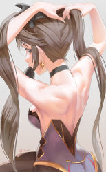 Rule 34 | 1girl, absurdres, adjusting hair, arms up, artist name, back, backless leotard, bare shoulders, black hair, black pantyhose, blue eyes, breasts, choker, earrings, from behind, genshin impact, gradient background, grey background, highres, jewelry, leotard, looking back, mona (genshin impact), pantyhose, sitting, small breasts, star (symbol), star earrings, twintails, wei lic