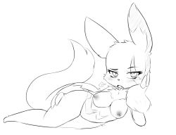 Rule 34 | 1girl, animal ears, blush, breasts, claws, creatures (company), fang, female focus, full body, furry, furry female, game freak, gen 3 pokemon, greyscale, half-closed eyes, hand on own face, hand up, hearlesssoul, highres, large breasts, looking to the side, lying, monochrome, nintendo, nipples, on side, open mouth, pokemon, pokemon (creature), pokemon rse, pussy, sigh, simple background, sketch, solo, tail, teeth, uncensored, white background, zangoose