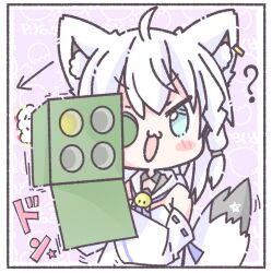 Rule 34 | 1girl, ?, ahoge, ammunition, animal ear fluff, animal ears, arrow (symbol), blue neckerchief, blush, braid, chibi, chinoru, commentary request, detached sleeves, earrings, fox ears, fox girl, fox tail, green eyes, hair between eyes, highres, holding, holding weapon, hololive, hood, hoodie, incendiary ammunition, jewelry, long hair, looking at viewer, m202 flash, m235 incendiary tpa, multiple-barrel firearm, multishot rocket launcher, neckerchief, open mouth, pentagram, rocket (projectile), rocket launcher, shirakami fubuki, shirakami fubuki (1st costume), sidelocks, single braid, solo, tail, virtual youtuber, weapon, white hair, white hoodie, you&#039;re doing it wrong