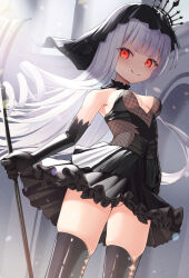 Rule 34 | 1girl, azur lane, black dress, black footwear, black gloves, black veil, boots, breasts, bridal veil, cleavage, closed mouth, cowboy shot, crown, dress, elbow gloves, fishnet fabric, frilled dress, frills, gloves, glowing, glowing eyes, highres, holding, holding scepter, humo, looking at viewer, medium breasts, narrowed eyes, no panties, queen elizabeth (meta) (azur lane), scepter, skindentation, smile, solo, standing, thigh boots, veil, white hair