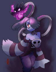 Rule 34 | 1girl, 770mk, blue hair, blue skin, breasts, cleavage, colored skin, detached collar, detached sleeves, fire, hair over one eye, leviathan (skullgirls), purple eyes, red eyes, short hair, skullgirls, sleeves past wrists, squigly (skullgirls), stitched mouth, stitches, zombie