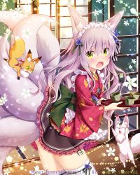 Rule 34 | 1girl, animal, animal ears, blue flower, blush, cup, falkyrie no monshou, fang, flower, fox, fox ears, fox tail, green eyes, grey hair, headdress, holding, holding tray, long hair, looking at viewer, natsumekinoko, official art, open mouth, tail, thighhighs, tray, white thighhighs