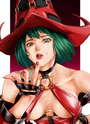 Rule 34 | 1girl, arc system works, bare shoulders, blowing kiss, bob cut, breasts, brown eyes, cleavage, collarbone, face, fingerless gloves, gloves, green hair, guilty gear, guilty gear xx, hat, i-no, kiss, large breasts, lipstick, makeup, mole, nail polish, o-ring, o-ring top, pouty lips, red hat, red lips, short hair, solo, yamaishi (mukoubuti)