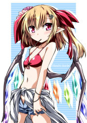 Rule 34 | 1girl, bikini, bikini top only, blonde hair, blush, character name, clothes around waist, flandre scarlet, food, hemogurobin a1c, long hair, mouth hold, no headwear, no headwear, pocky, pointy ears, red eyes, shorts, side ponytail, solo, striped, striped background, swimsuit, touhou, unzipped, wings